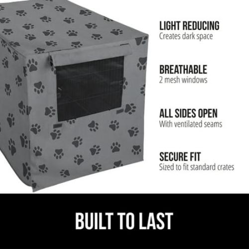 GORILLA GRIP Dog Crate Cover, Fits 24 Indoor Kennel Cage, Breathable Mesh Windows, Gray Paw