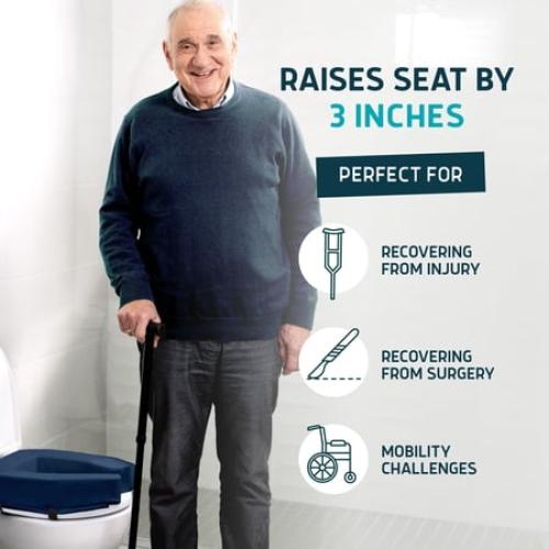 Lunderg Toilet Seat Riser for Seniors - Adds 3 inches. Universal Fit - Raised Toilet Seat Cushion with High-Density Foam for enhanced Comfort & Elevation. Easy to Clean. Post-Surgery Must have (Blue)
