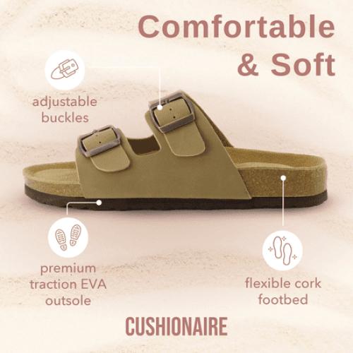 Size 8 M Cushionaire Women's Lane Cork Footbed Sandal – Comfortable Double Buckle Slip-On with Genuine Suede Footbed & Arch Support Slide Sandals for Women