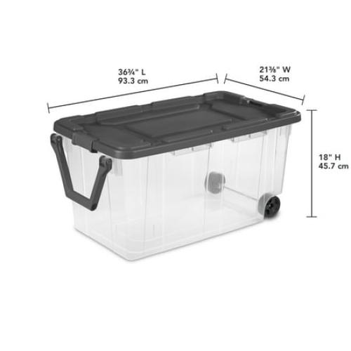 Sterilite 160 Quart Extra-Large Wheeled Storage Bin, Clear Storage Container with Latch Lid and Pull Handle, Durable, Dark Gray