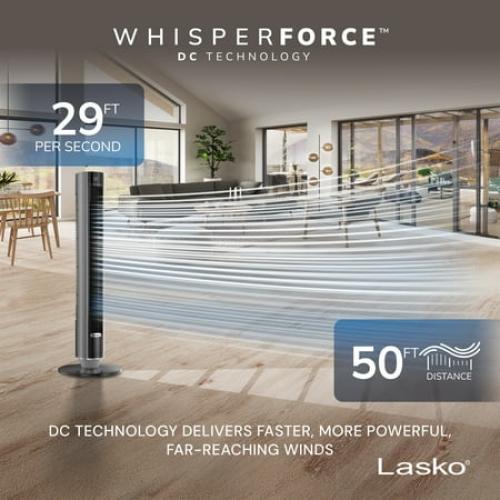 Lasko 40” WhisperForce DC Technology Tower Fan, 29 ft/s Airflow, Remote, Black, TDC401, New