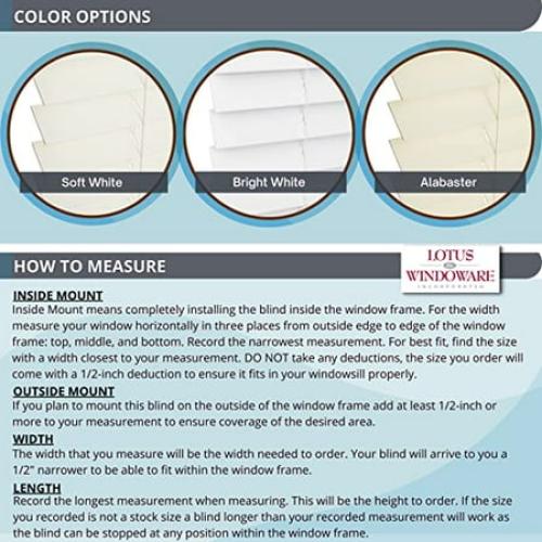 WHITE Lotus & Windoware Cordless 2 Faux Wood Room Darkening Horizontal Blind, 45 Width x 48 Length, Bright White, Smooth