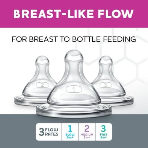 Chicco Duo 100% Silicone Intui-Latch Baby Bottle Nipple with Anti-Colic Valve, Skin-Like Texture and Breast-Like Flow, Stage 3 - Fast Flow, 2pk, 6  Months - Clear, New 3pk