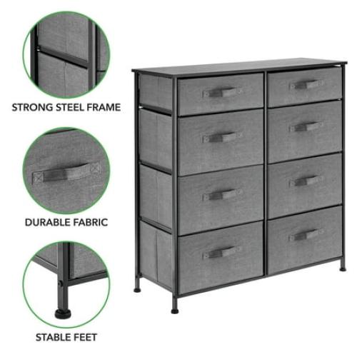 mDesign Tall Storage Dresser Furniture with 8 Slim Fabric Drawers, Dark Gray