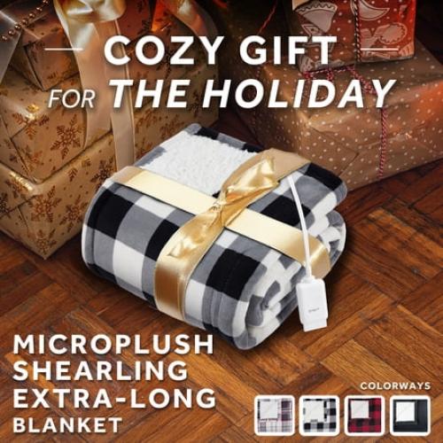 Sunbeam Electric Heated Throw Blanket Black/White Plaid Microplush Faux Shearling 4 Heat 50x70