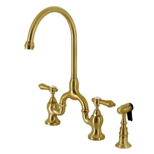 Kingston Brass KS7797BALBS Heirloom Two-Handle 3-Hole Deck Mount Bridge Kitchen Faucet with Brass Side Sprayer in Brushed Brass