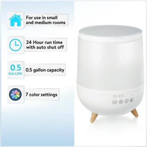 Equate Ultrasonic Humidifier, Diffuser, Cool Mist, Visible Mist, Filter-Free, 0.5 Gallon, White and Wooden