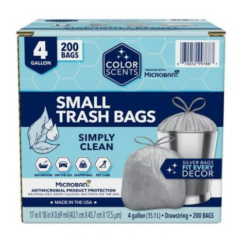Color Scents 4-Gallon Small Drawstring Trash Bags with Simply Clean Scent and Microban, 200 Bags