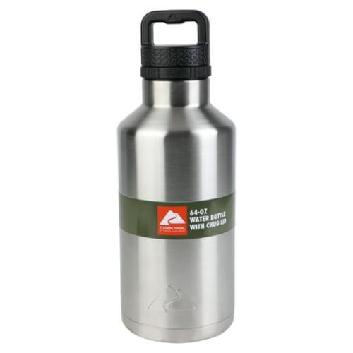 Ozark Trail 64 oz Chug Lid, Double-Wall Vacuum Insulated Stainless Steel Water Bottle, Silver, Keeps Drinks Hot & Cold