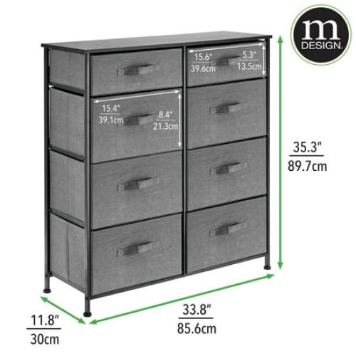 mDesign Tall Storage Dresser Furniture with 8 Slim Fabric Drawers, Dark Gray