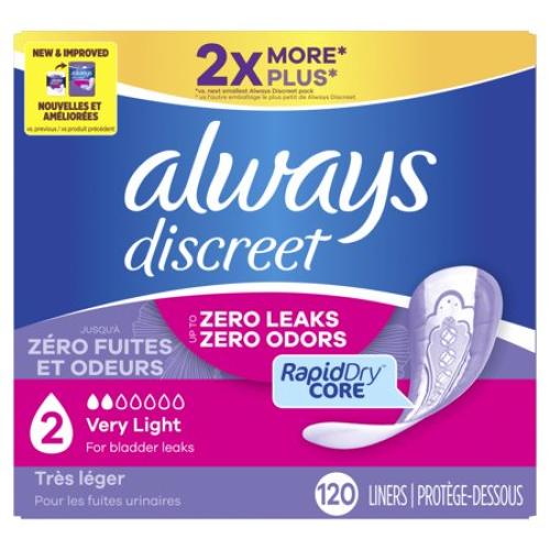Always Discreet Incontinence Panty Liners, 2, Very Light, Lightly Scented 120 CT