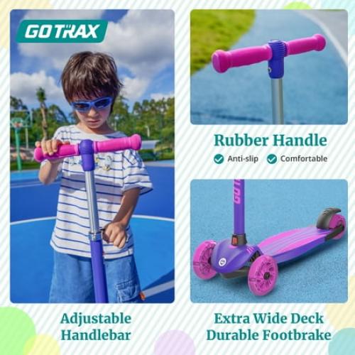 Color purple GOTRAX KS1 Kids Kick Scooter, Toddler Scooter 3 Wheel with LED Lighted, 3 Adjustable Handlebars, Suitable for Boys and Girls Ages 2~8 Children and Max Load 100 lbs, Purple