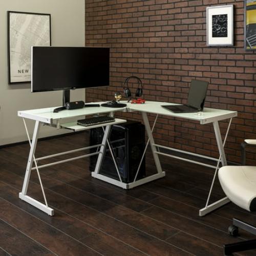Modern Glass and Metal White L-Shaped Corner Computer Desk by Manor Park