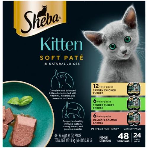 Sheba Perfect Portions Kitten Variety Flavors Pate Wet Cat Food, 2.6 oz Twin-Pack Trays (24 Pack)