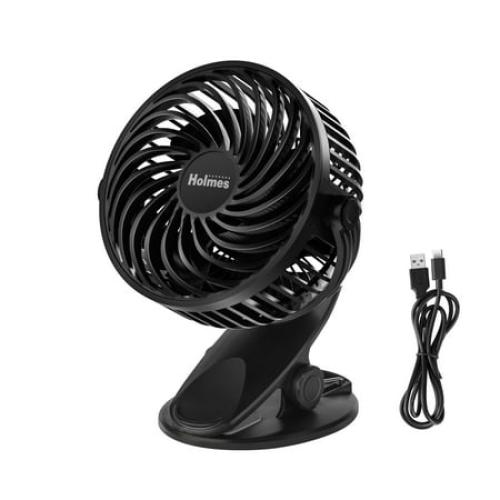 Holmes 4” Rechargeable Clip Fan, 360° Tilt, Strong Airflow, USB, Long Battery, Black no