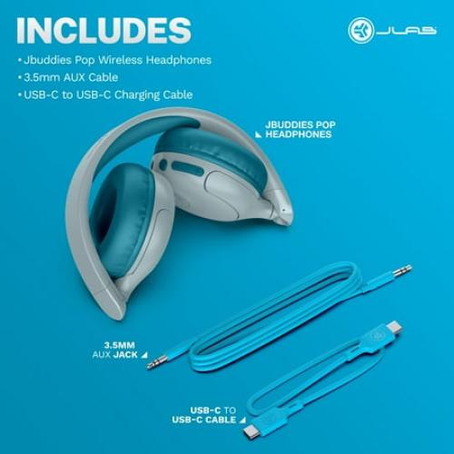 JLab JBuddies Pop Kids Headphones, Wireless / Wired, 48  Hr Playtime, Volume Safe, Cloud Foam, Teal