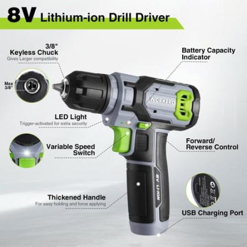 WORKPRO Cordless Power Drill Set with Stackable Tool Box, 8V Cordless Drill Driver and Bit Set, 2.0Ah Electric Cordless Screwdriver Kit with 3/8 Keyless Chuck, Portable Drill for Home Repair, DIY