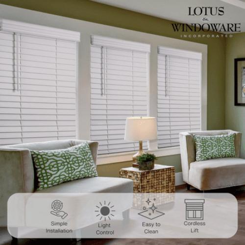 Lotus & Windoware Cordless 2 Faux Wood Room Darkening Horizontal Blind, 30 1/2 W x 60 L, Bright White, Smooth