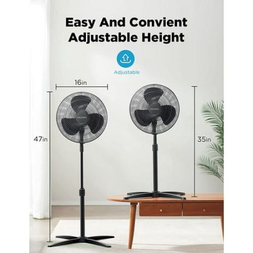PELONIS Fan Portable 16 Inch Pedestal Fan, 3-Speed, 90 Oscillation, Adjustable Height, Standing Floor Fan for living room, bedroom, kitchen, and home office, Black, PFS40M2ABB