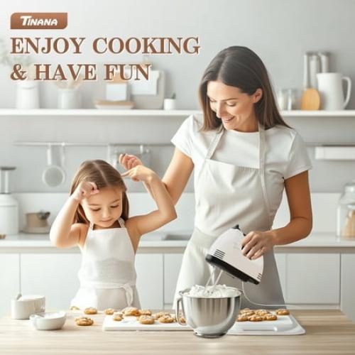 TINANA 7 Speed Hand Mixer Electric Handheld with Stainless Steel Beaters & Dough Hooks, Cookie Mixer with Turbo Boost, Food Beater for Kitchen Baking Cakes, Eggs, Cream, White