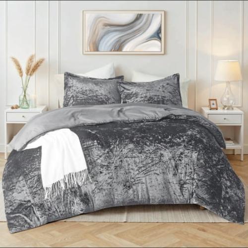 Regency Heights Full/Queen Cozy Velvet Comforter Sets, Luxury 3-Piece All Season Down Alternative Bedding Set, Grey Comforter Bed Set with Pillow Shams
