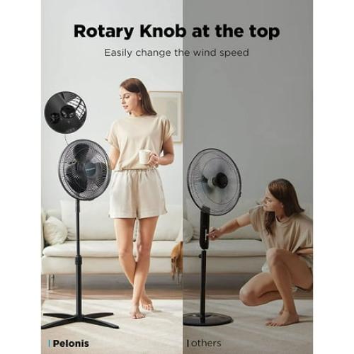 PELONIS Fan Portable 16 Inch Pedestal Fan, 3-Speed, 90 Oscillation, Adjustable Height, Standing Floor Fan for living room, bedroom, kitchen, and home office, Black, PFS40M2ABB