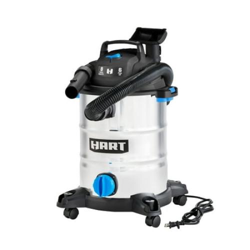 HART 8 Gallon Wet/Dry Vacuum, 6 Peak HP Motor, Stainless Steel Tank, Convertible to Blower, On-Board Storage, 17 ft Cleaning Reach