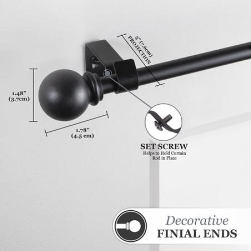 Kenney Chelsea 5/8 Matte Black Single Curtain Rod, 28-48, Black