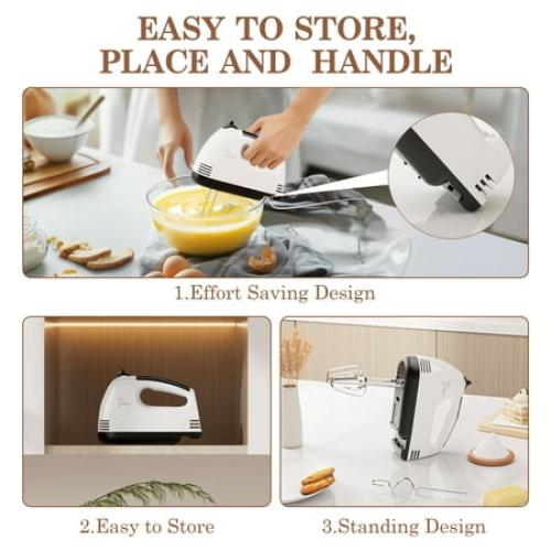 TINANA 7 Speed Hand Mixer Electric Handheld with Stainless Steel Beaters & Dough Hooks, Cookie Mixer with Turbo Boost, Food Beater for Kitchen Baking Cakes, Eggs, Cream, White