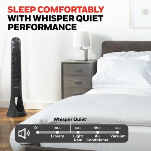 Honeywell 40 Black Quiet Set Oscillating Tower Fan, 30ft Air Circulation Power, 5 Speed, Auto Off Timer, HYF260B
