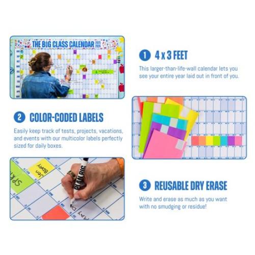 Size  4 x 3 The Big Class School Year Calendar August 2025 - July 2026, Dry Erase, 4 x 3 Feet, Blue