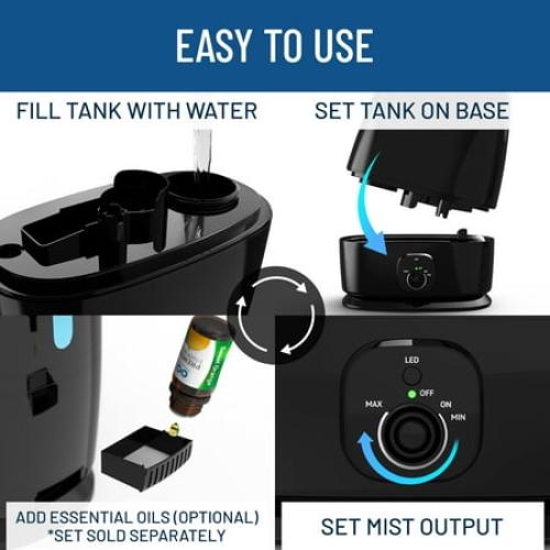 Everlasting Comfort Ultrasonic Cool Mist Humidifier for Bedroom (6L), Filterless Large Room Humidifiers, Lasts 50 Hours With Essential Oil Diffuser Tray, Quiet, Small Air Vaporizer (Black)