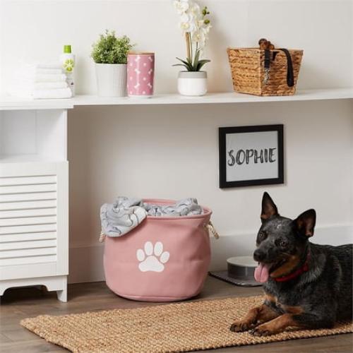 Contemporary Home Living 15 Pink and White Decorative Round Medium Lattice Paw Pet Storage Bin