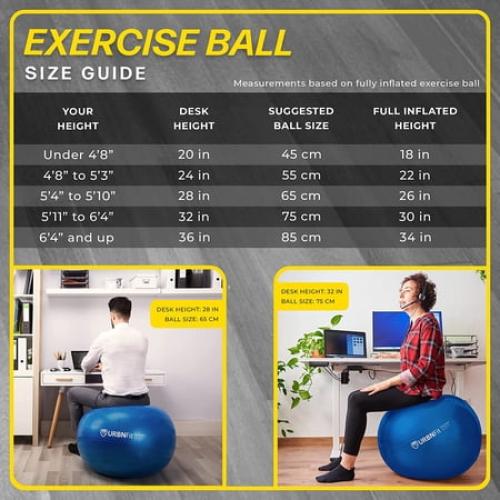 URBNFit Exercise Ball - AntiBurst Swiss Balance Ball w/ Pump - Fitness Ball Chair for Office, Home Gym - Silver, 55CM