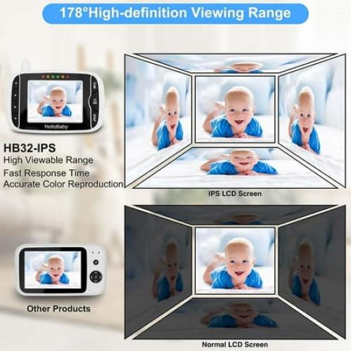 Video Baby Monitor with Camera and Audio, 3.2Inch LCD Display, Infrared Night Vision, Two-Way Audio and Room Temperature Monitoring,Lullaby,Sound Activated Screen HB