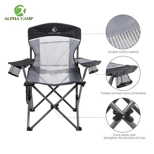 ALPHA CAMP Oversized Mesh Back Camping Folding Chair Heavy Duty Support 350 LBS Collapsible Steel Frame - Black Grey