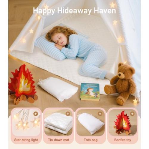 Teepee Tent for Kids Foldable Teepee Play Tent with Fairy Lights, Carry Case Water Resistance, Pretend Camp Fire, Four Poles Style Raw White Color - New Version Tiny House little dove