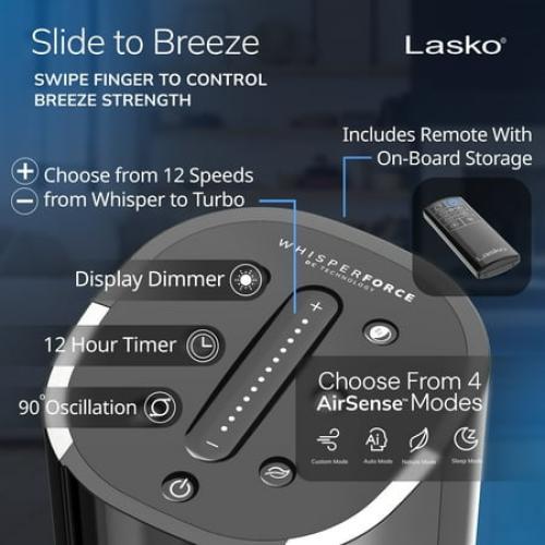 Lasko 40” WhisperForce DC Technology Tower Fan, 29 ft/s Airflow, Remote, Black, TDC401, New
