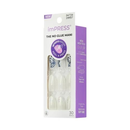 KISS imPRESS Design Press on Nails, Dazzle, White, Medium Almond, 30 Count