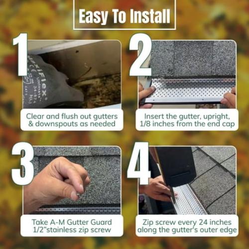 A-M Gutter Guard - 6 (50 feet, Mill Finish) Heavy-Duty Aluminum Gutter Guard - Leaf & Debris Protection for 5-inch and 6-inch Gutters, DIY-Easy, Lifetime Warranty, Made in the USA