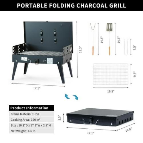 MASTER COOK Portable Foldable Charcoal Grill Tabletop BBQ for Camping, Patio and Picnic 17.1”*10.8”*2.5”