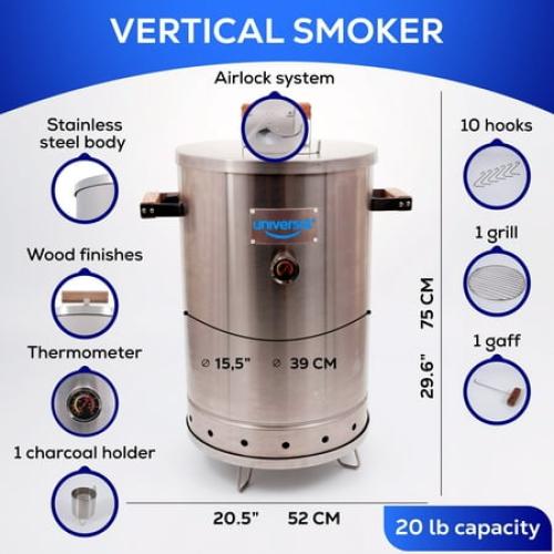 Universal 20-pound Stainless Steel (25-servings) Charcoal Barrel Smoker with Thermometer & Airlock system - 20.5x 29.6 x ⌀15.5, 2 in 1 Vertical Grill and Smoker, Slow Cooking Barrel