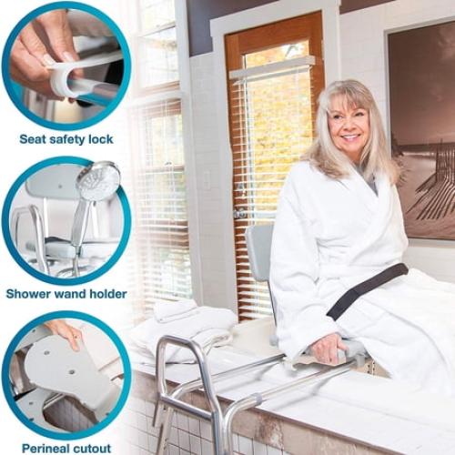 Tub Transfer Bench and Sliding Shower Chair Made of Heavy Duty Non Slip Aluminum Body and Plastic Seat with Adjustable Seat Height and Cut Out Access Holding Weight Capacity up to 400 lbs, Gray