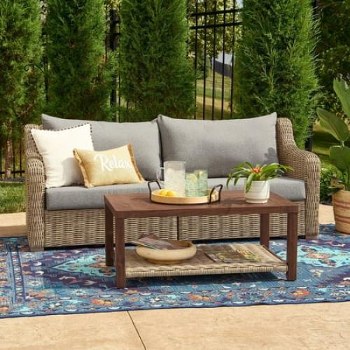 Better Homes & Gardens Bellamy 2 Piece Outdoor Sofa Gray Cushions & Coffee Table Set with Patio Cover
