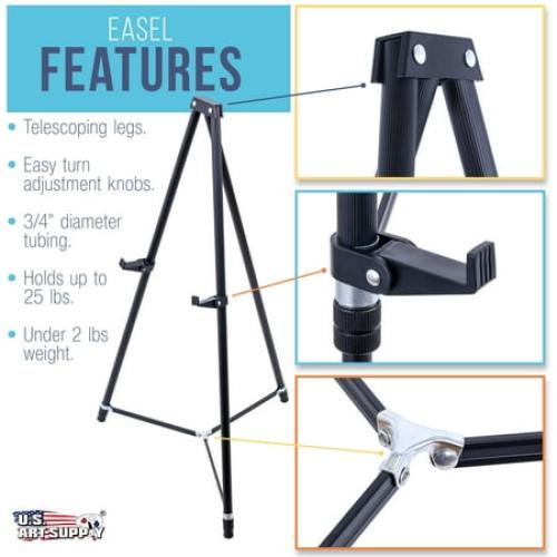 U.S. Art Supply 66 High Showroom Black Aluminum Display Easel and Presentation Stand, Adjustable Floor and Tabletop Use