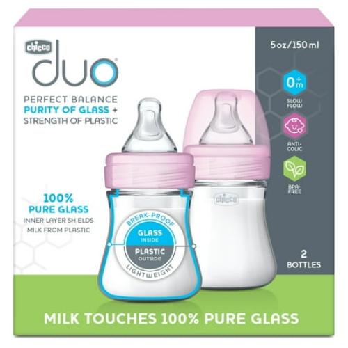 Chicco Duo Hybrid Baby Bottle, Invinci-Glass Inside/Plastic Outside, 5oz, 2-Pack - Pink, New