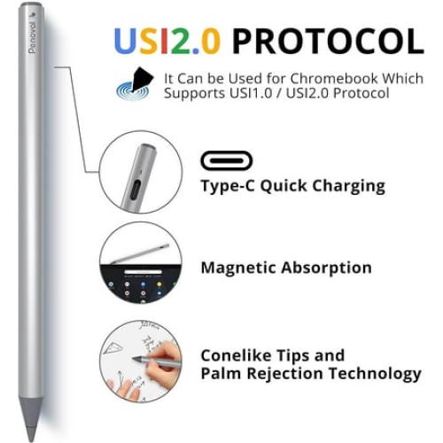 Penoval USI2.0 Stylus Pen for Chromebook, 4096 Levels Pressure for Lenovo chromebook Duet, ASUS chromebook C436, HP chromebook X360 12b, HP chromebook X360 14b Spare Tip Included, USI2.0