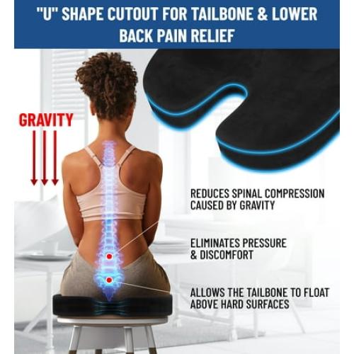 Everlasting Comfort Memory Foam Seat Cushion, Ergonomic U-Shaped Design, Tailbone Pain Relief, Black