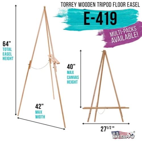 U.S. Art Supply 64 Torrey Wooden A-Frame Tripod Artist Floor Easel, Adjustable Tray Height, Wood Display Holder Stand