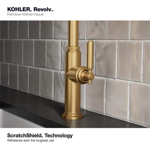 Revolv Single Handle Pull Down Sprayer Kitchen Faucet in Vibrant Brushed Moderne Brass